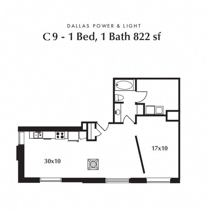 Floor plan for 1 bed, 1 bath, 822 sqft